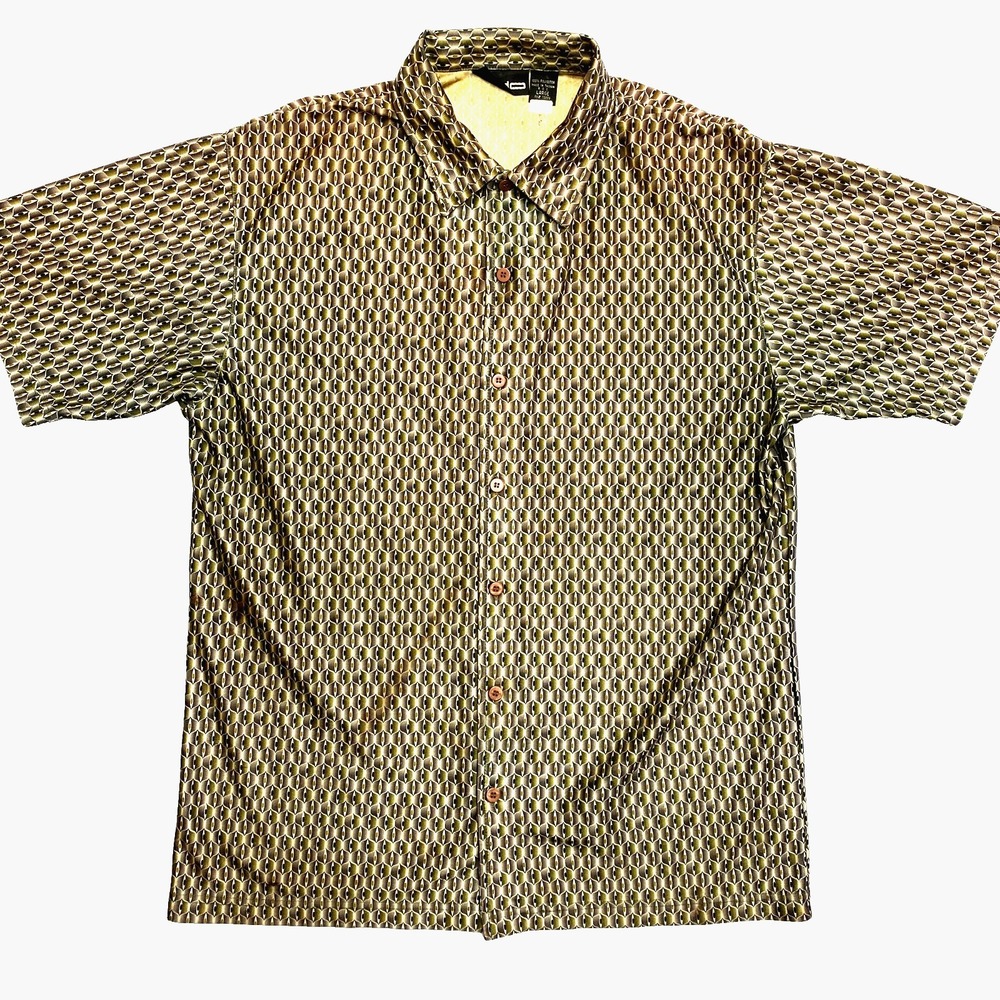 Odo Shirt Mens Large Brown Short Sleeve Geometric Button Up Pattern Vintage
